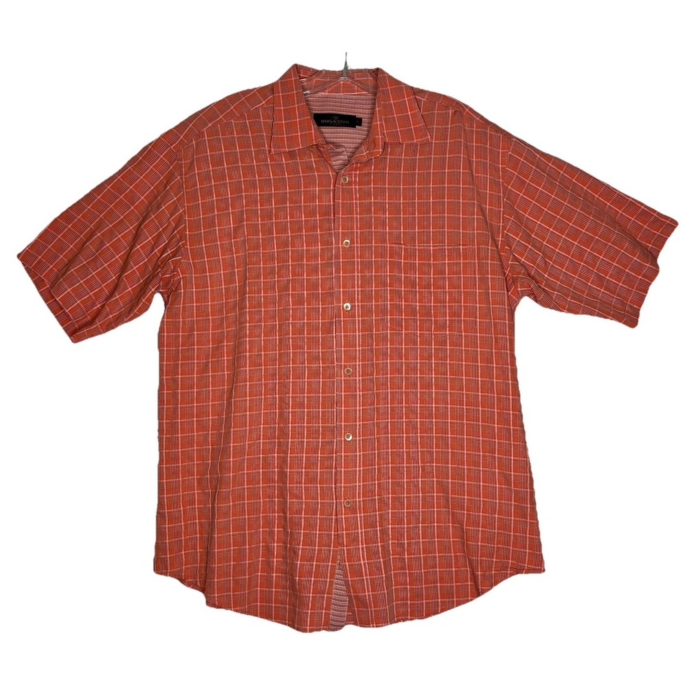 Bugatchi Uomo Shirt Men's L Button Up Short Sleeve Plaid Orange Preppy Retro